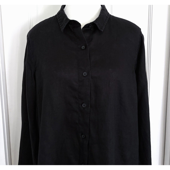 Garnet Hill Black Easy Linen Tunic Top Sz M Long Sleeve Button Up Minimalist - Picture 7 of 15